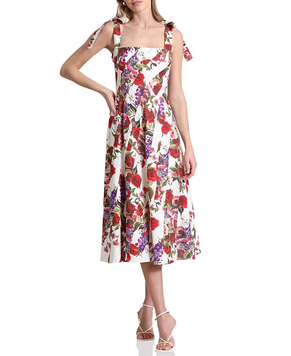 Avec Les Filles Linen-Blend Floral-Print Fit & Flare Dress  Color Portofino Size 4