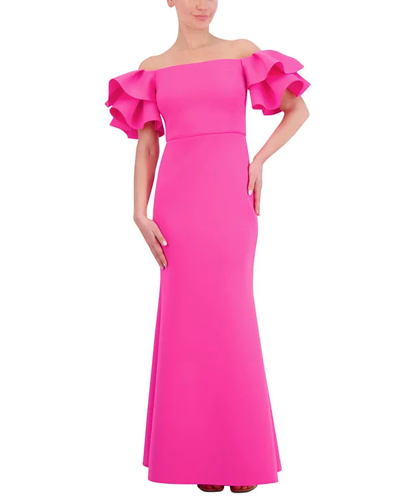 Eliza J Ruffled-Sleeve Off-The-Shoulder Mermaid Gown  Hot Pink Size 10
