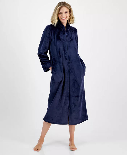 Charter Club Women's Long Plush Zip-Front Robe  Navy Sail Size XL