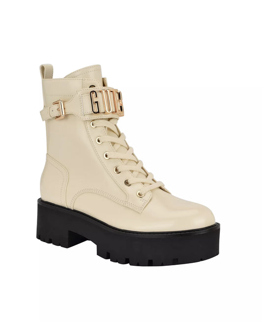 GUESS Women's Vaires Lug Sole Lace Up Combat Booties  Cream Size 9.5