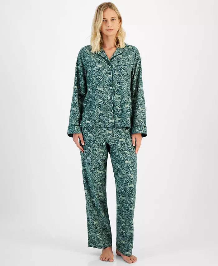 Charter Club Women's Cotton Woods-Print Pajama Set  Animal Garden Size PM