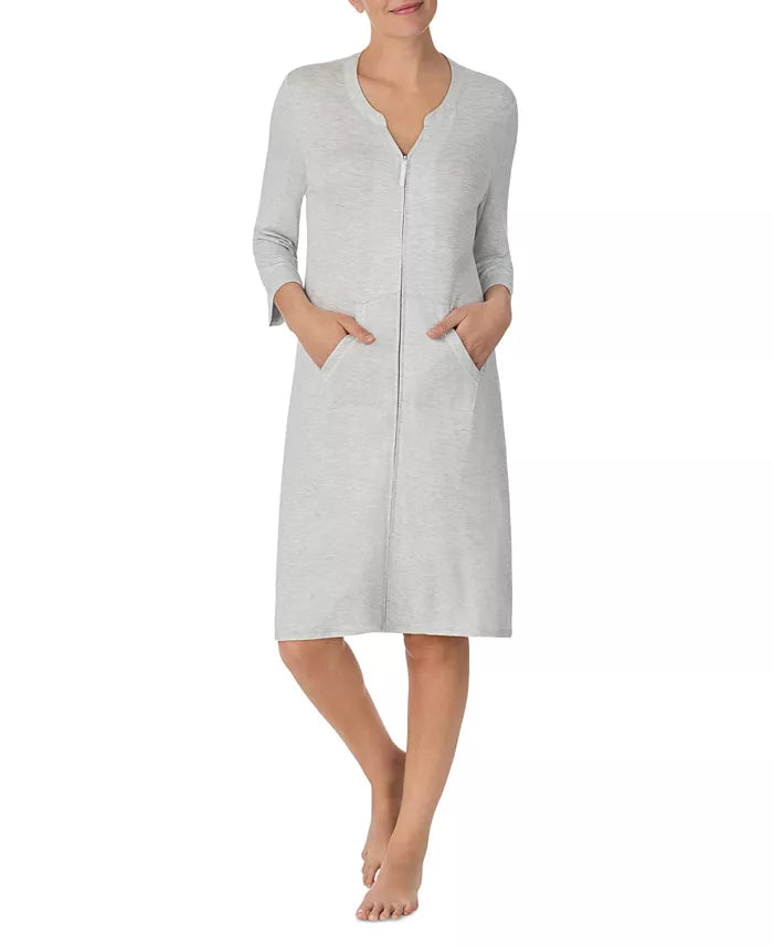 Ellen Tracy Women's Zip-Front 3/4-Sleeve Robe  Grey Heather Size XL