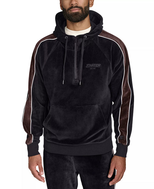Starter Men's Velour Quarter-Zip Jersey-Lined Hoodie  Black Size M
