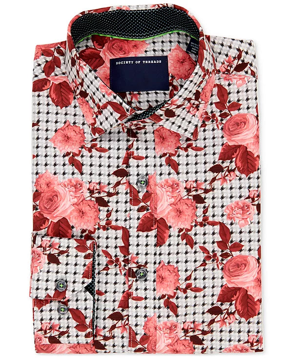 Society of Threads Men's Slim Fit Floral-Print Performance Stretch Dress Shirt  Multi Size XL 17/17.5