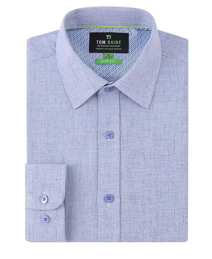 Tom Baine Men's Four-Way Stretch Solid Textured Slim-Fit Dress Shirt  Navy Blue Size M 15/15.5