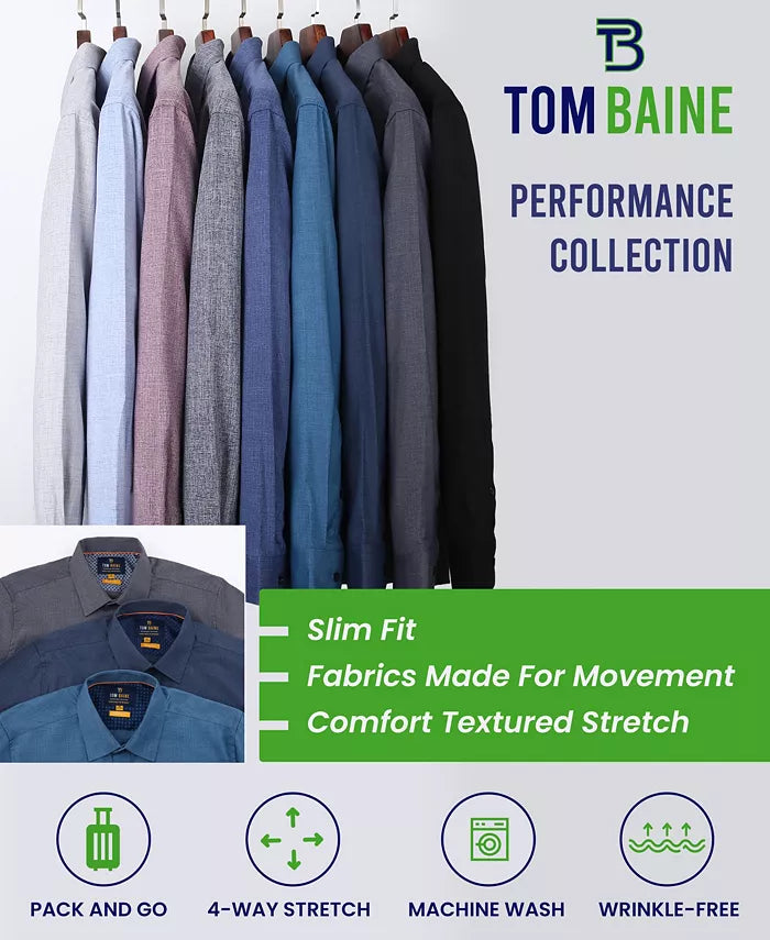 Tom Baine Men's Four-Way Stretch Solid Textured Slim-Fit Dress Shirt  Navy Blue Size M 15/15.5