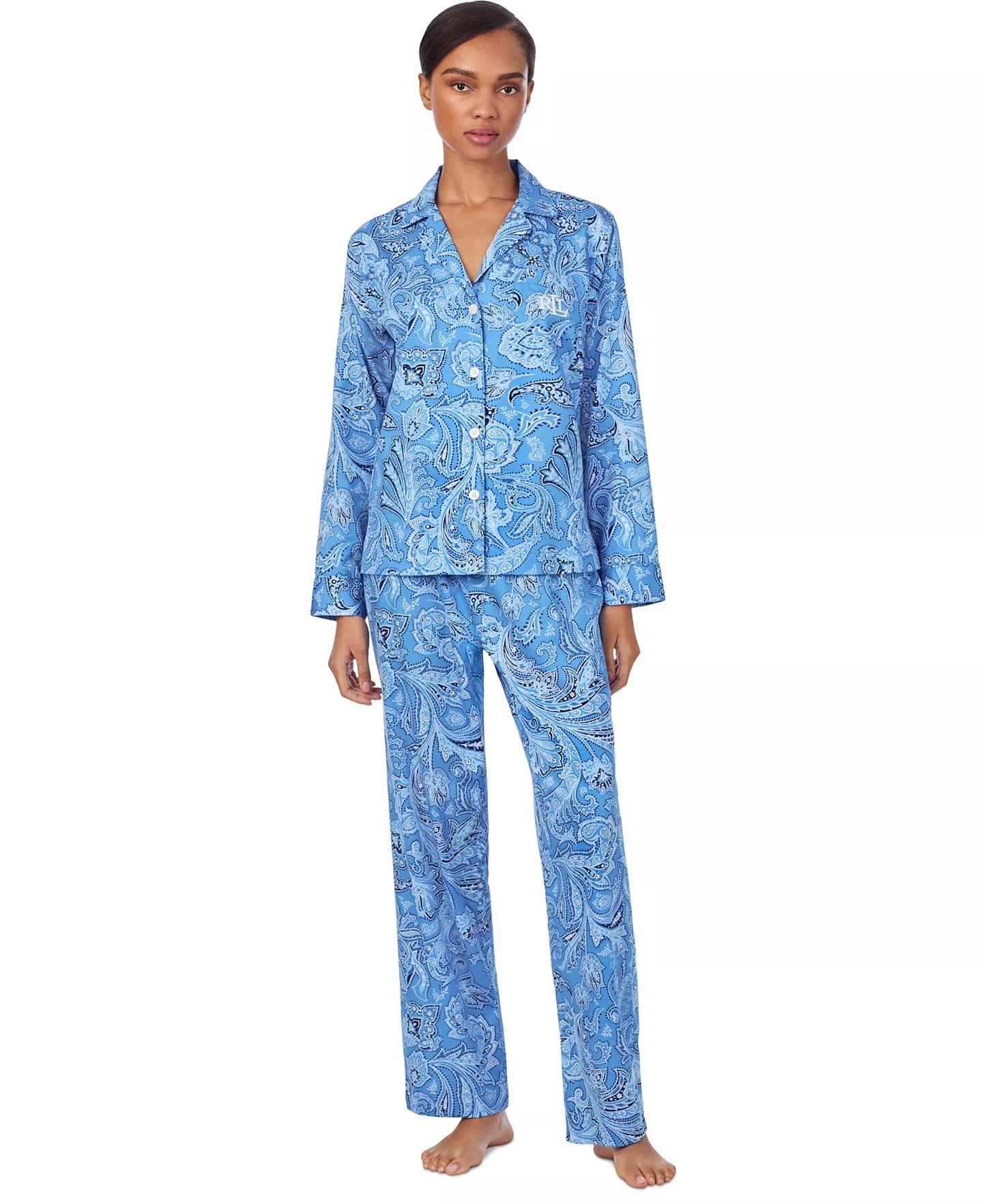 LAUREN RALPH LAUREN Women's Petite Printed Notched-Collar PJ Set  Blue Paisley Size PS