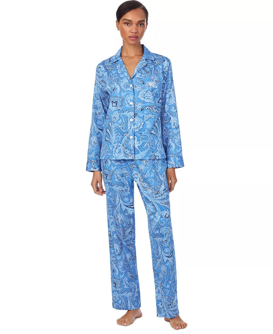 LAUREN RALPH LAUREN Women's Petite Printed Notched-Collar PJ Set  Blue Paisley Size PS