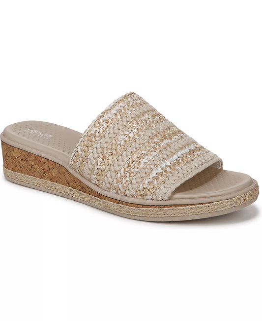 LifeStride Women's Breezy Washable Slide Wedge Sandals  White Raffia Fabric Size 11