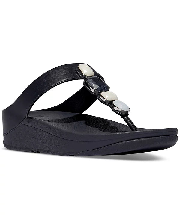 FitFlop Women's Fino Multi-Stone Leather Wedge Sandals  Midnight Navy Size 8