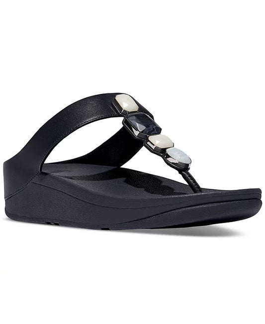 FitFlop Women's Fino Multi-Stone Leather Wedge Sandals  Midnight Navy Size 8