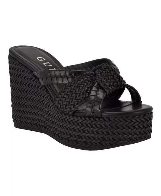 GUESS Women's Eveh Knotted Jute Platform Wedge Sandals  Black Size 8