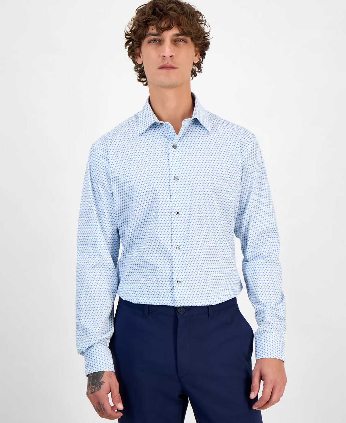 Alfani Men's Geo-Print Slim-Fit Dress Shirt   White/Blue 17/17.5 36/37 (No Tag)