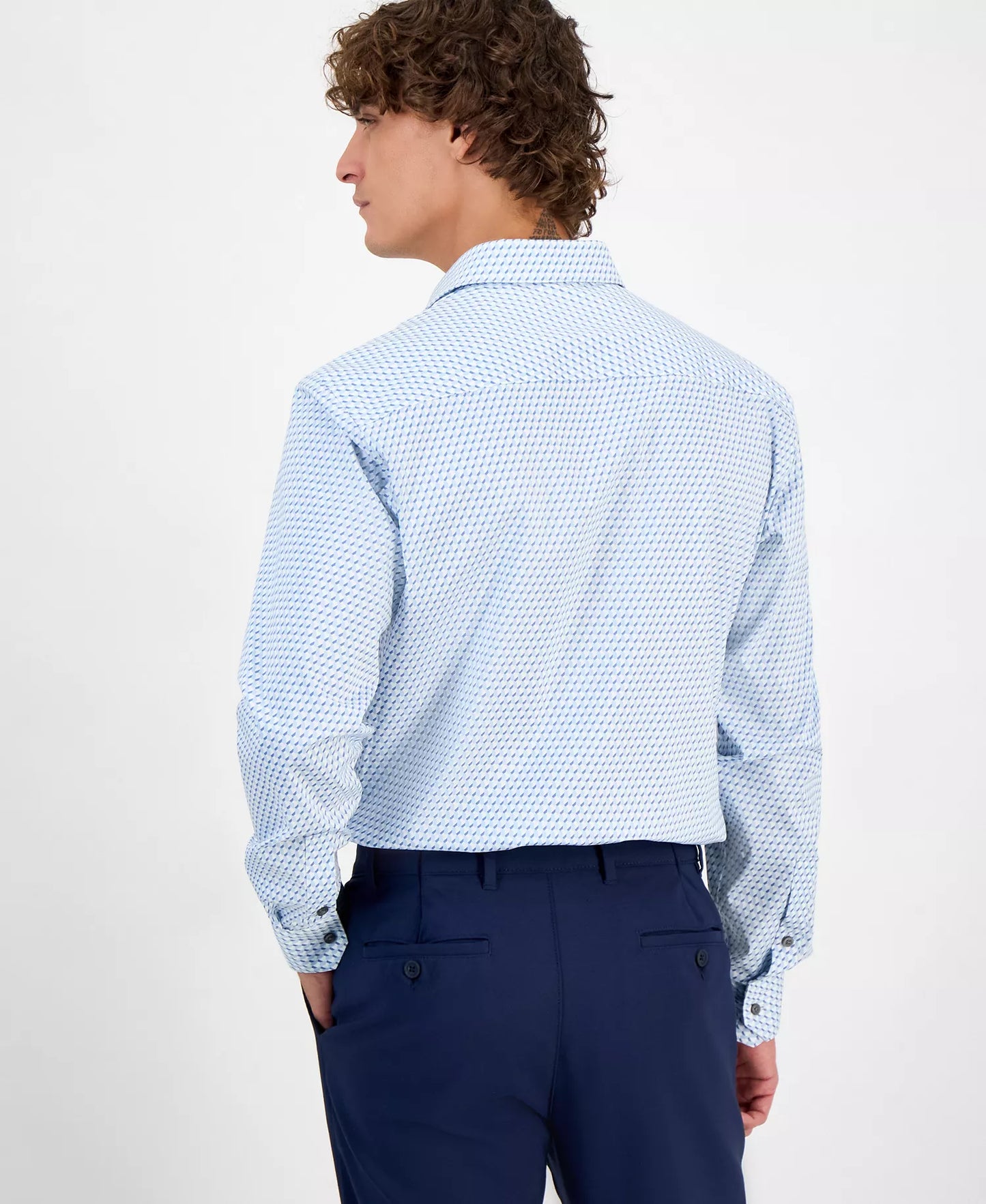 Alfani Men's Geo-Print Slim-Fit Dress Shirt   White/Blue 17/17.5 36/37 (No Tag)