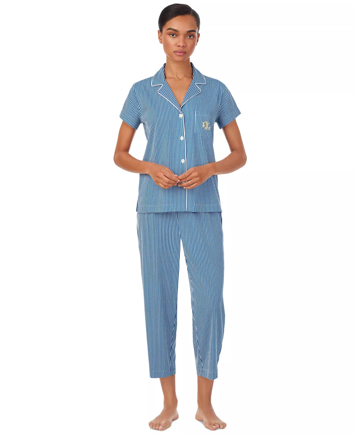 LAUREN RALPH LAUREN Women's Short-Sleeve Cropped Pajama Set  Dark Blue Stripe Size L