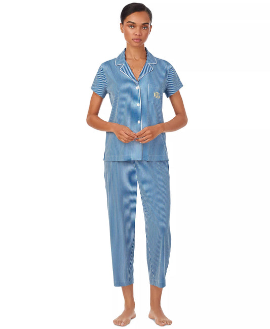 LAUREN RALPH LAUREN Women's Short-Sleeve Cropped Pajama Set  Dark Blue Stripe Size L