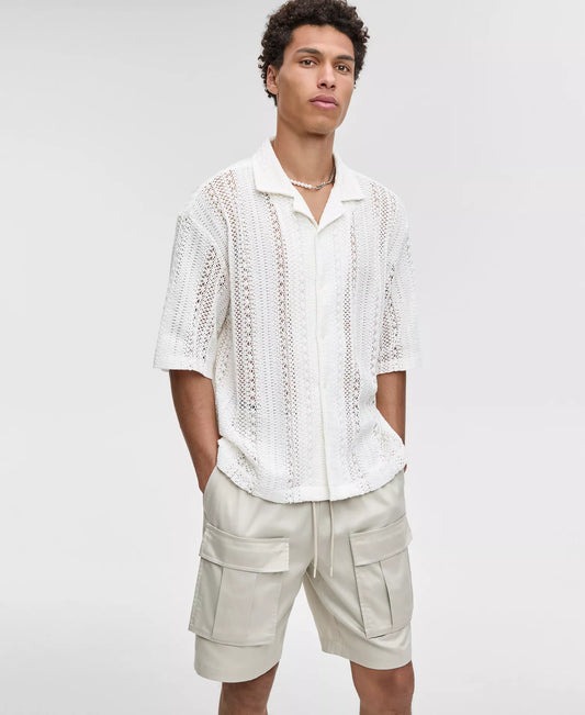 Mode of One Men's Relaxed-Fit Textured Crochet Button-Down Camp Shirt  Neo Natural Size S