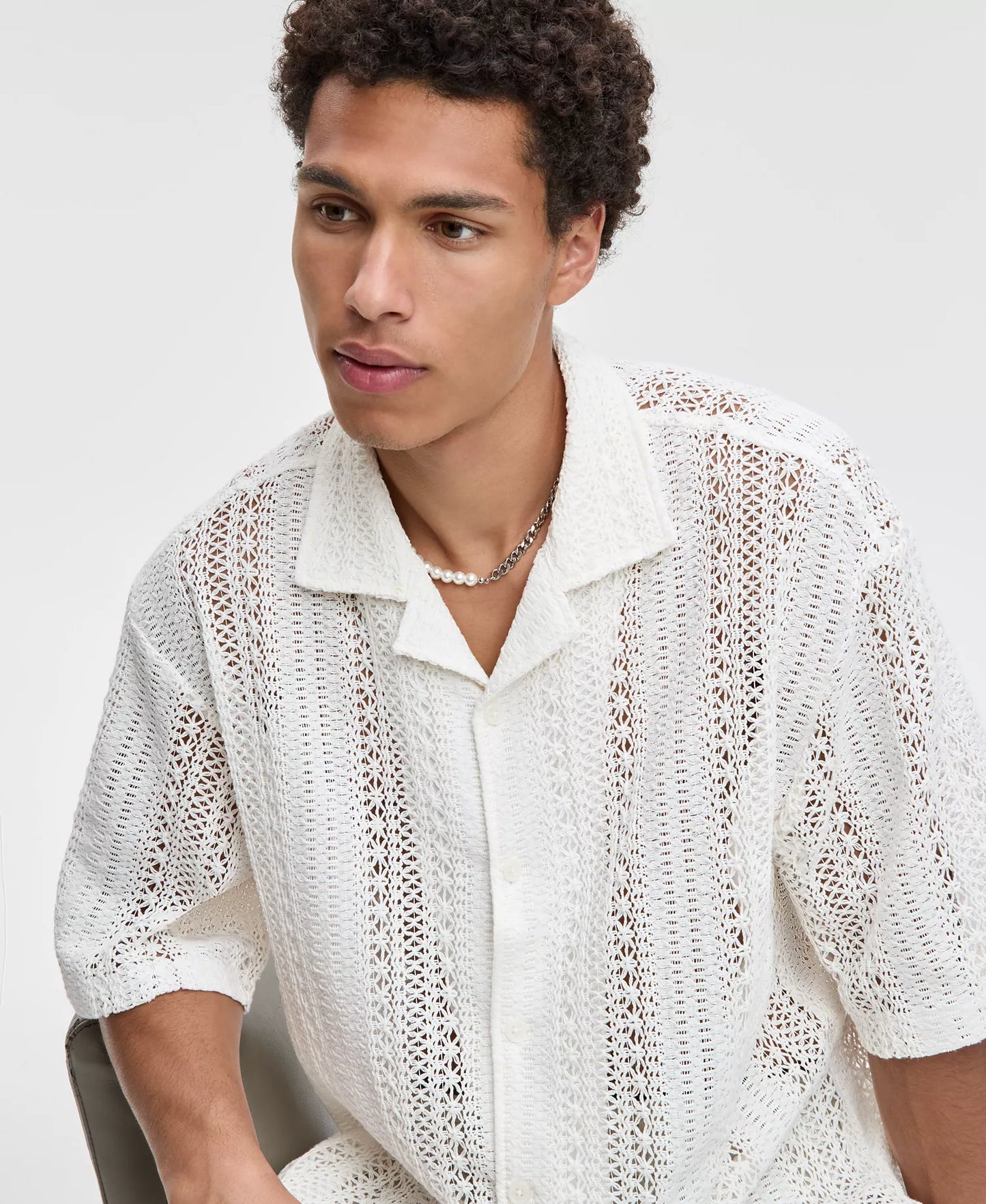 Mode of One Men's Relaxed-Fit Textured Crochet Button-Down Camp Shirt  Neo Natural Size S