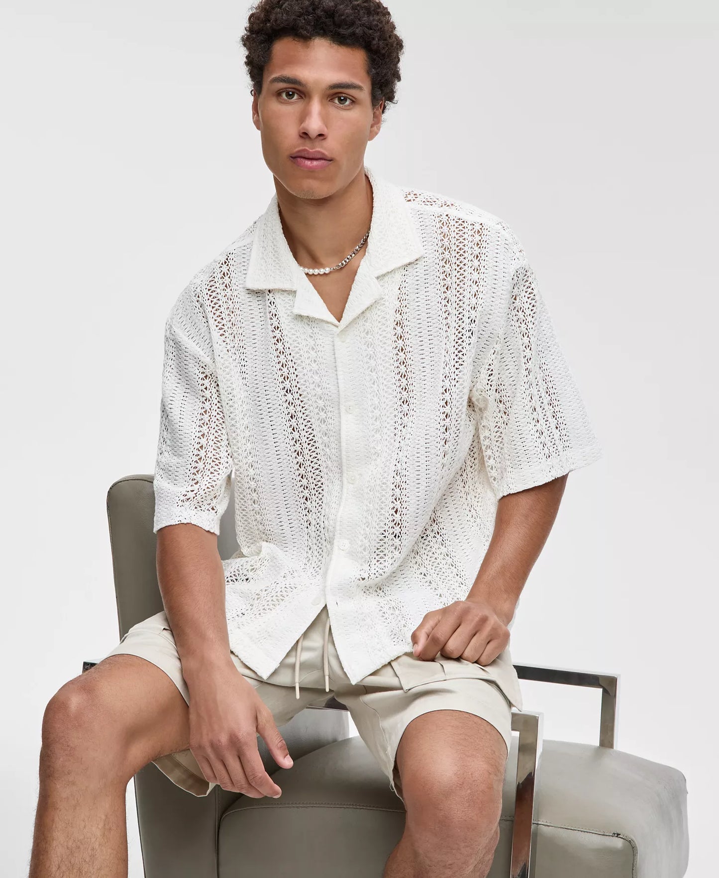 Mode of One Men's Relaxed-Fit Textured Crochet Button-Down Camp Shirt  Neo Natural Size S