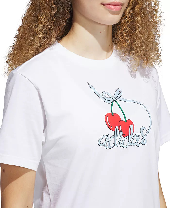 Adidas Women's Cotton Cherry Logo-Graphic Crewneck T-Shirt  Color White Size M