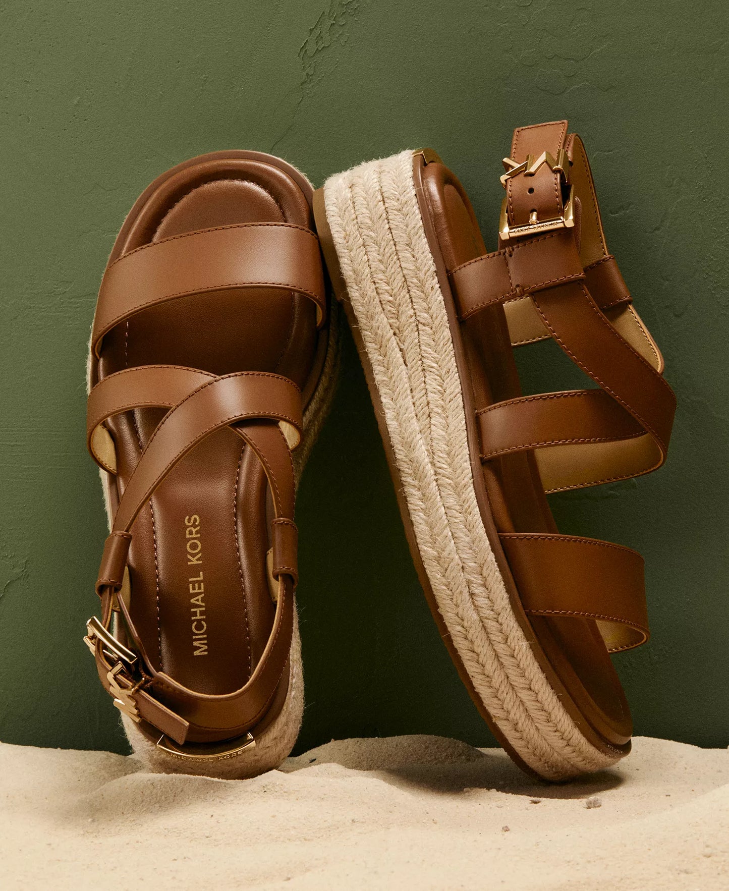 Michael Kors Women's Lynn Buckle Espadrille Sandals  Luggage Leather Size 9.5