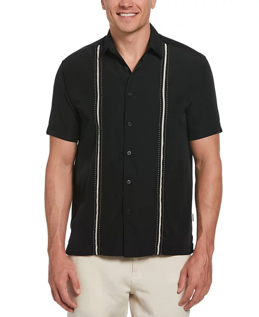 Cubavera Men's Pick Stitch Panel Short Sleeve Button-Down Shirt  Jet Black Size 2XL