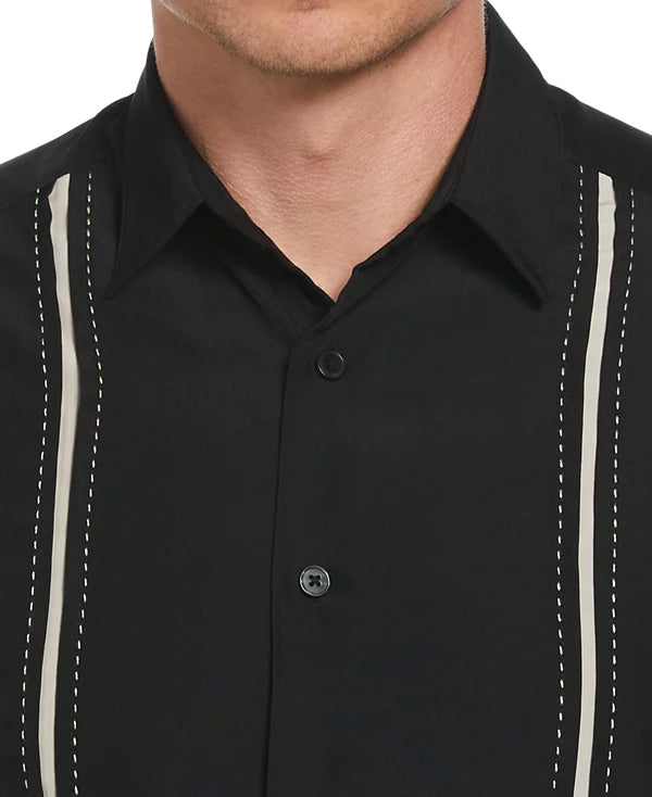 Cubavera Men's Pick Stitch Panel Short Sleeve Button-Down Shirt  Jet Black Size 2XL