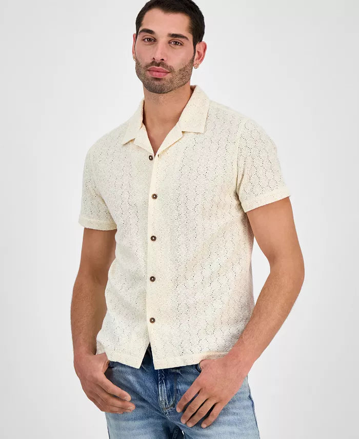 GUESS Men's Wesley Short Sleeve Crochet Camp Shirt  Pearl White Size L
