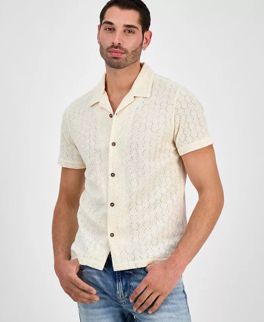 GUESS Men's Wesley Short Sleeve Crochet Camp Shirt  Pearl White Size L