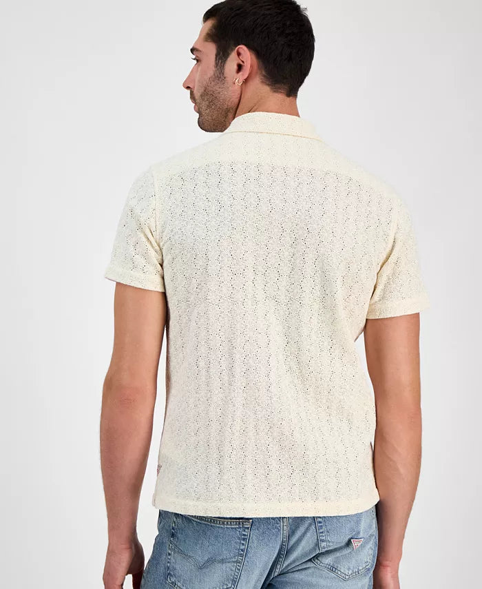 GUESS Men's Wesley Short Sleeve Crochet Camp Shirt  Pearl White Size L