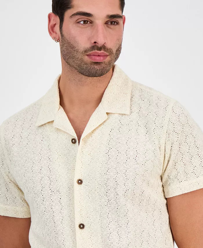 GUESS Men's Wesley Short Sleeve Crochet Camp Shirt  Pearl White Size L