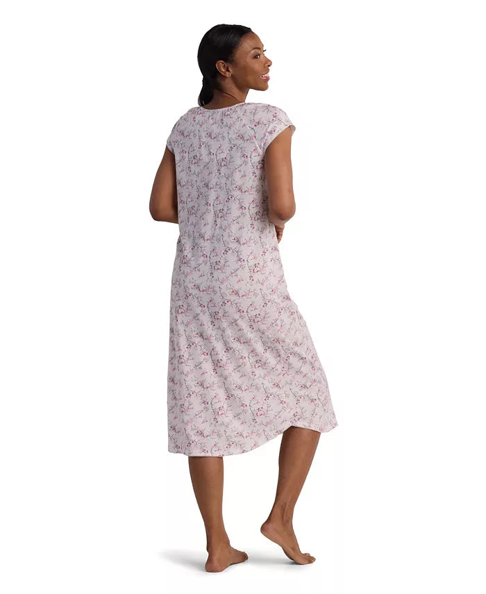 Miss Elaine Women's Short Sleeve Printed Long Night Dress  Pink Bouquets Size M