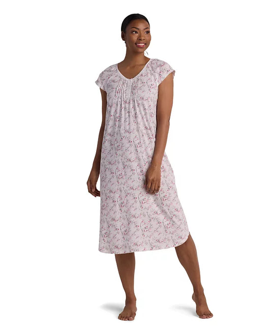 Miss Elaine Women's Short Sleeve Printed Long Night Dress  Pink Bouquets Size M