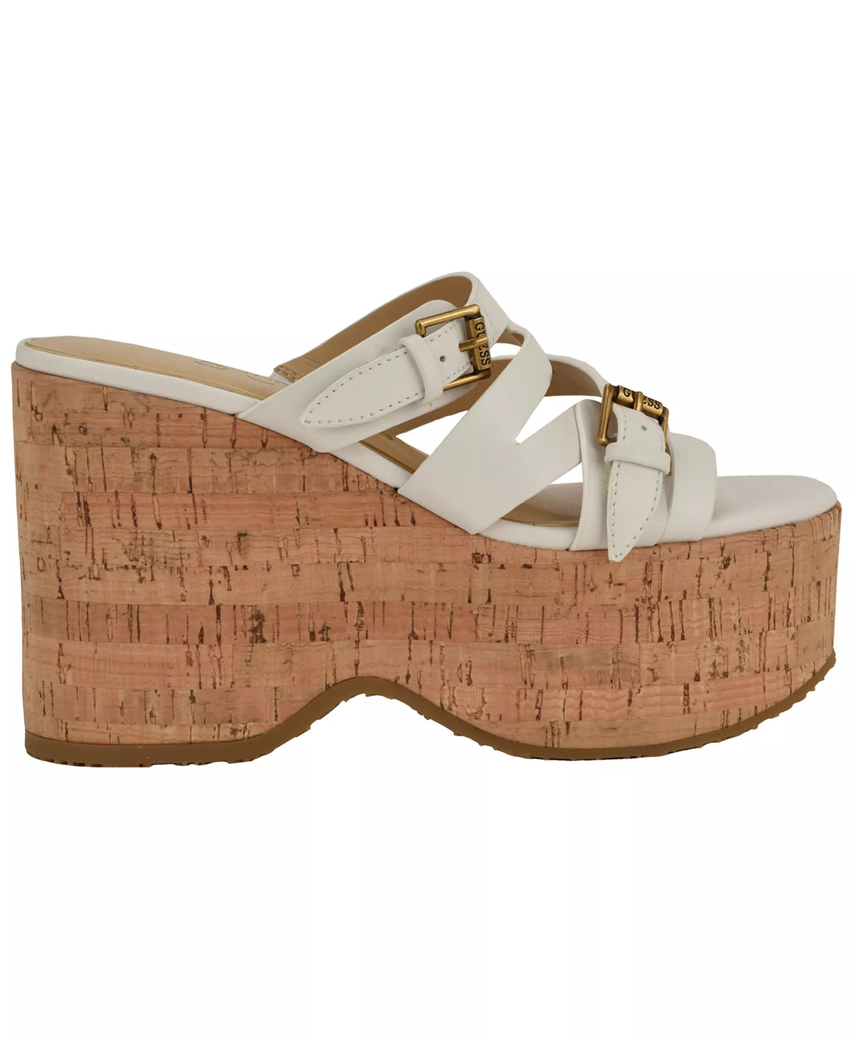 GUESS Women's Nailah Strappy High Platform Wedge Sandals  White/Cork Size 8