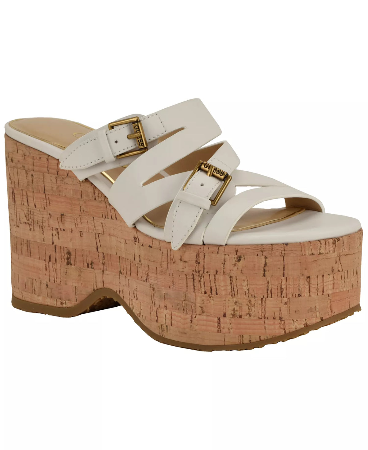 GUESS Women's Nailah Strappy High Platform Wedge Sandals  White/Cork Size 8