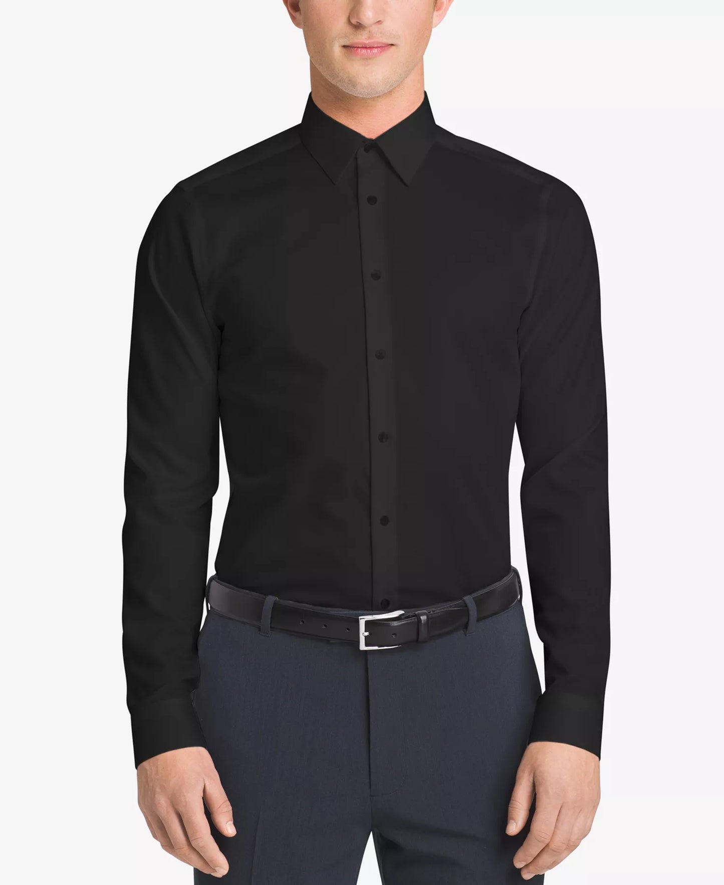 Calvin Klein Men's Slim-Fit Non-Iron Herringbone Dress Shirt  Black 16.5 34/35