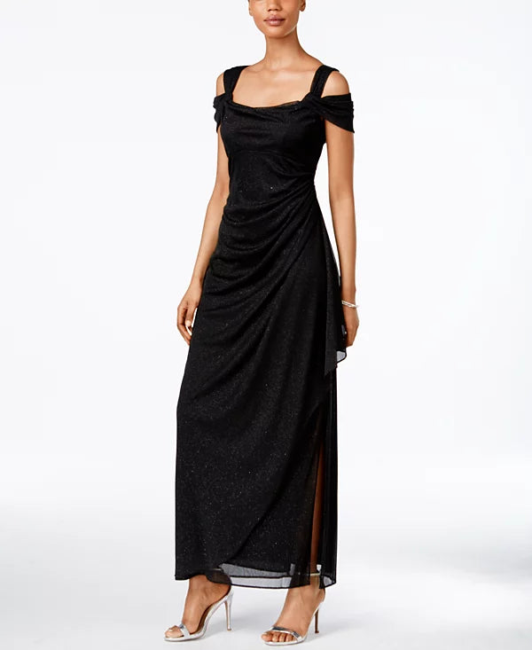 Alex Evenings Women's Cold-Shoulder Draped Metallic Gown  Black Size 8