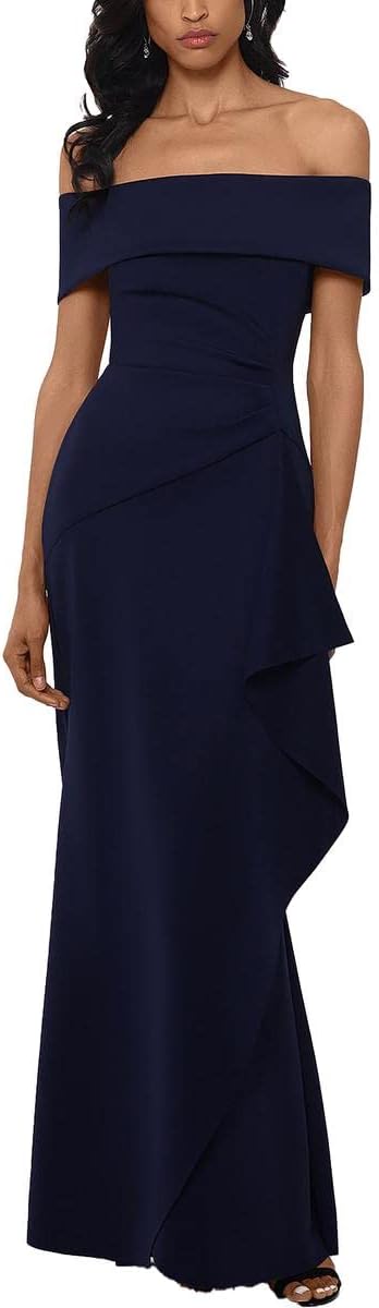 XSCAPE Ruffled Off-The-Shoulder Gown  Navy Size 6