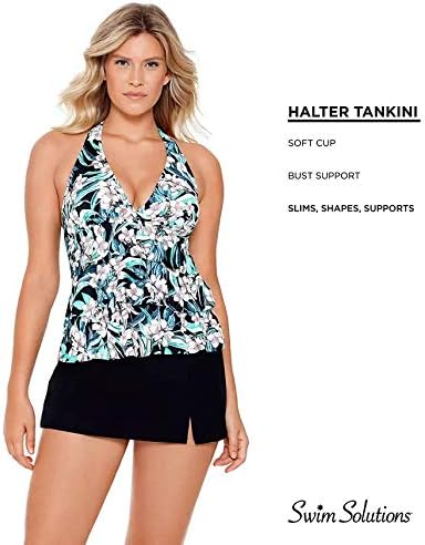 Swim Solutions Vintage Bouquet Tiered Halter Tankini Swim Top  Color Black Multi Size 8
