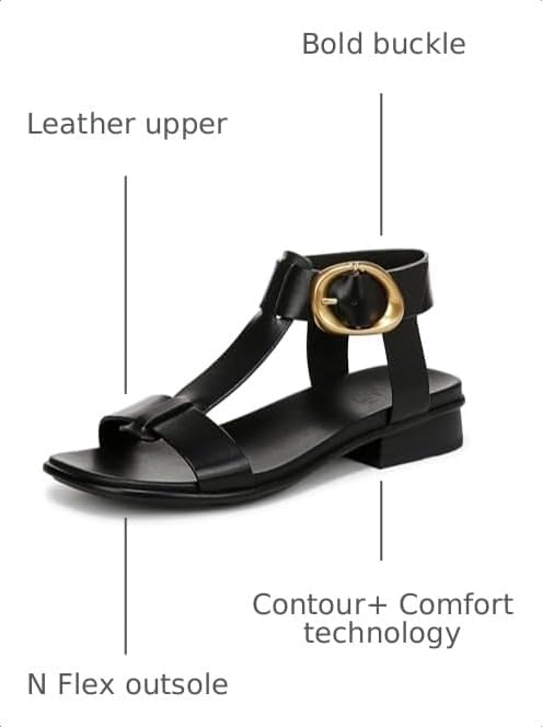 Naturalizer Women's Brandy T-Strap Block Heel Sandals  Coastal Black Leather Size 7