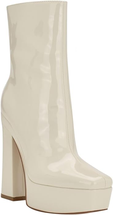 GUESS Women's Byra Patent Square Toe Block Heel Boots  Color Ivory Size 8M
