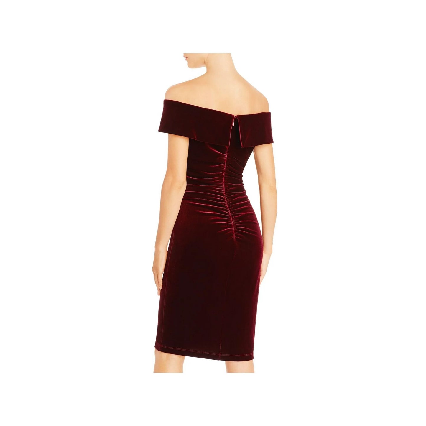AQUA Women's Zippered Ruched Velvet Off Shoulder Knee Length Cocktail Sheath Dress  Color Burgundy Size 4