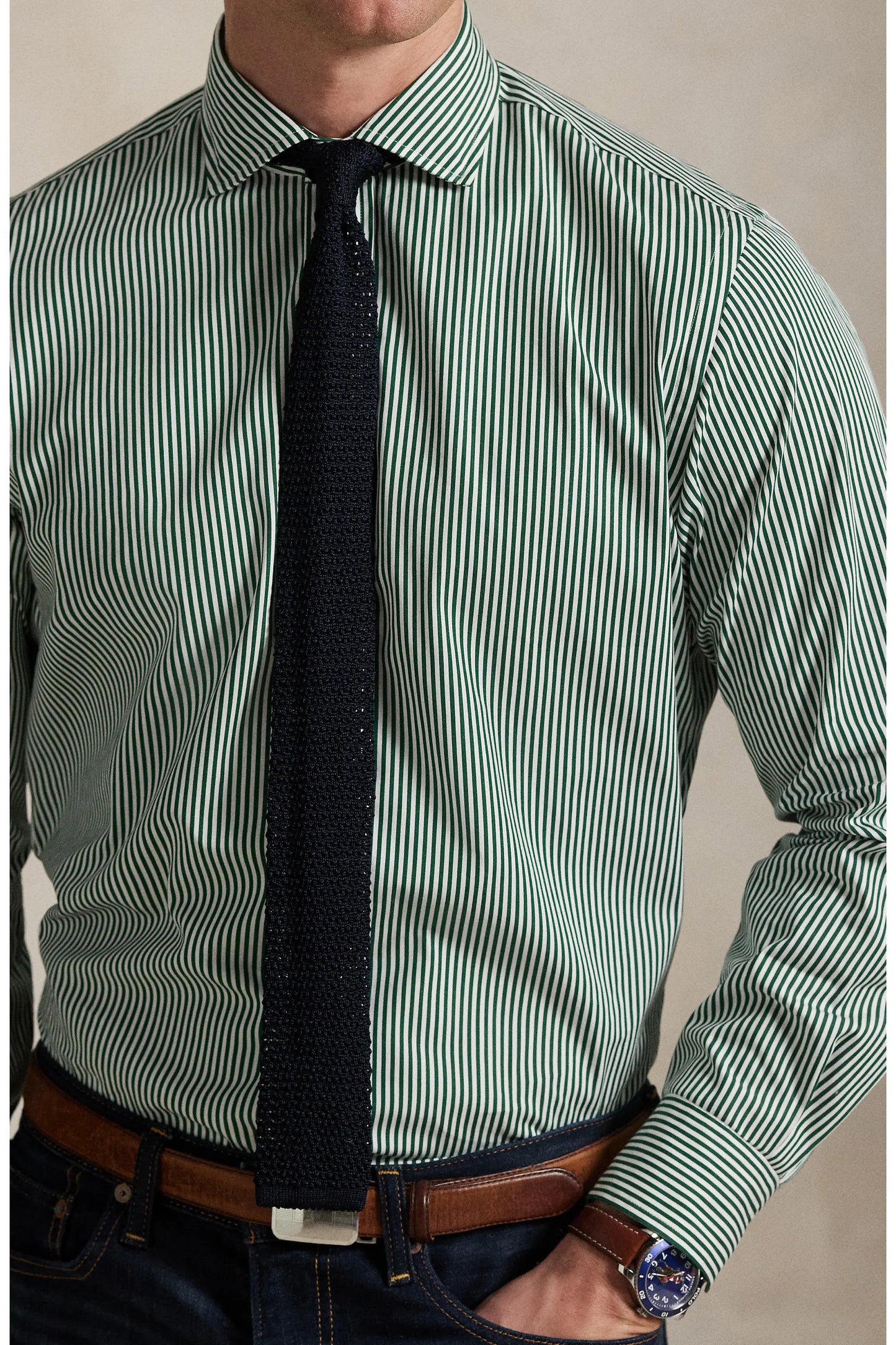 Polo Ralph Lauren Men's Classic Fit Stripe Cotton Poplin Button-Up Shirt Forest White Size L