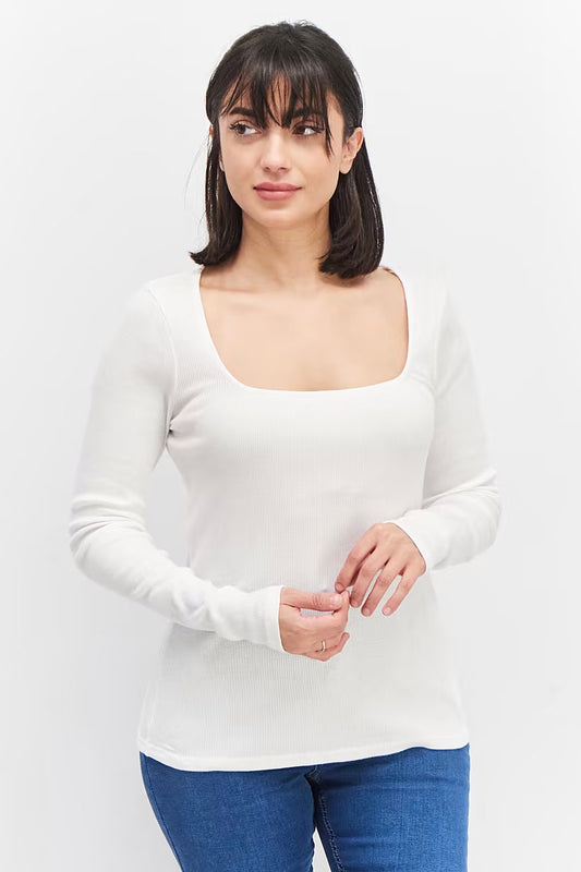 INC International Concepts Women's Square Neck Long Sleeve T-Shirt  Color White Size M