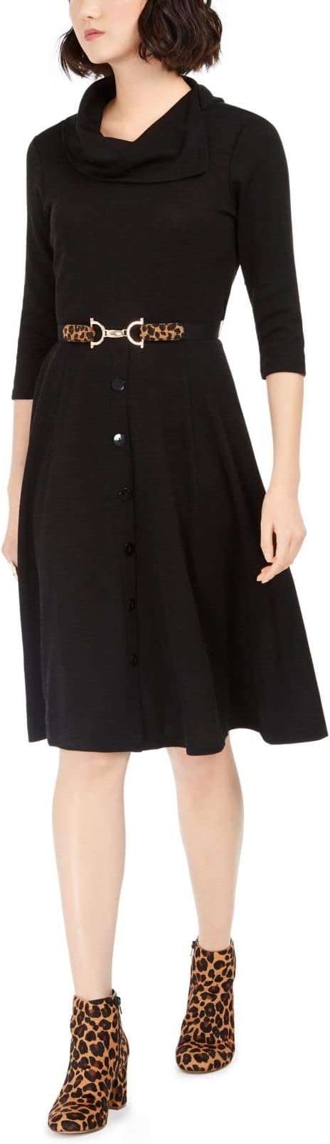 Robbie Bee Women's Petite Belted Cowlneck Sweater Dress  Color Black Size PS