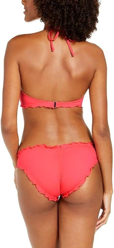 SUNDAZED Nixie Bra Sized Ruffle Edge Halter Bikini Top  Sunkissed Coral Size 36DD
