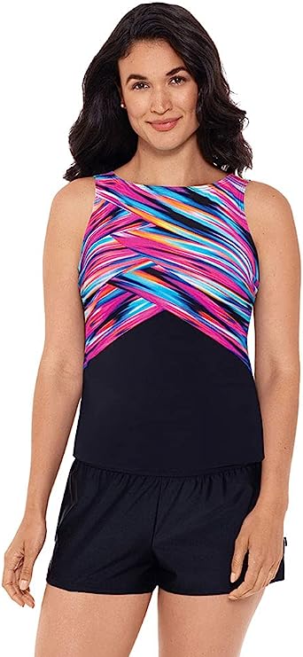 Reebok Women's Sport Fashion High Neckline Tankini Suit Top  Color Black Multi Size 8