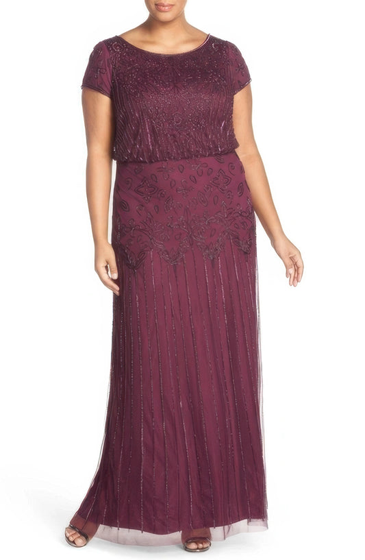 Adrianna Papell Plus Size Short Sleeve Beaded Gown  Cassis Size 18W