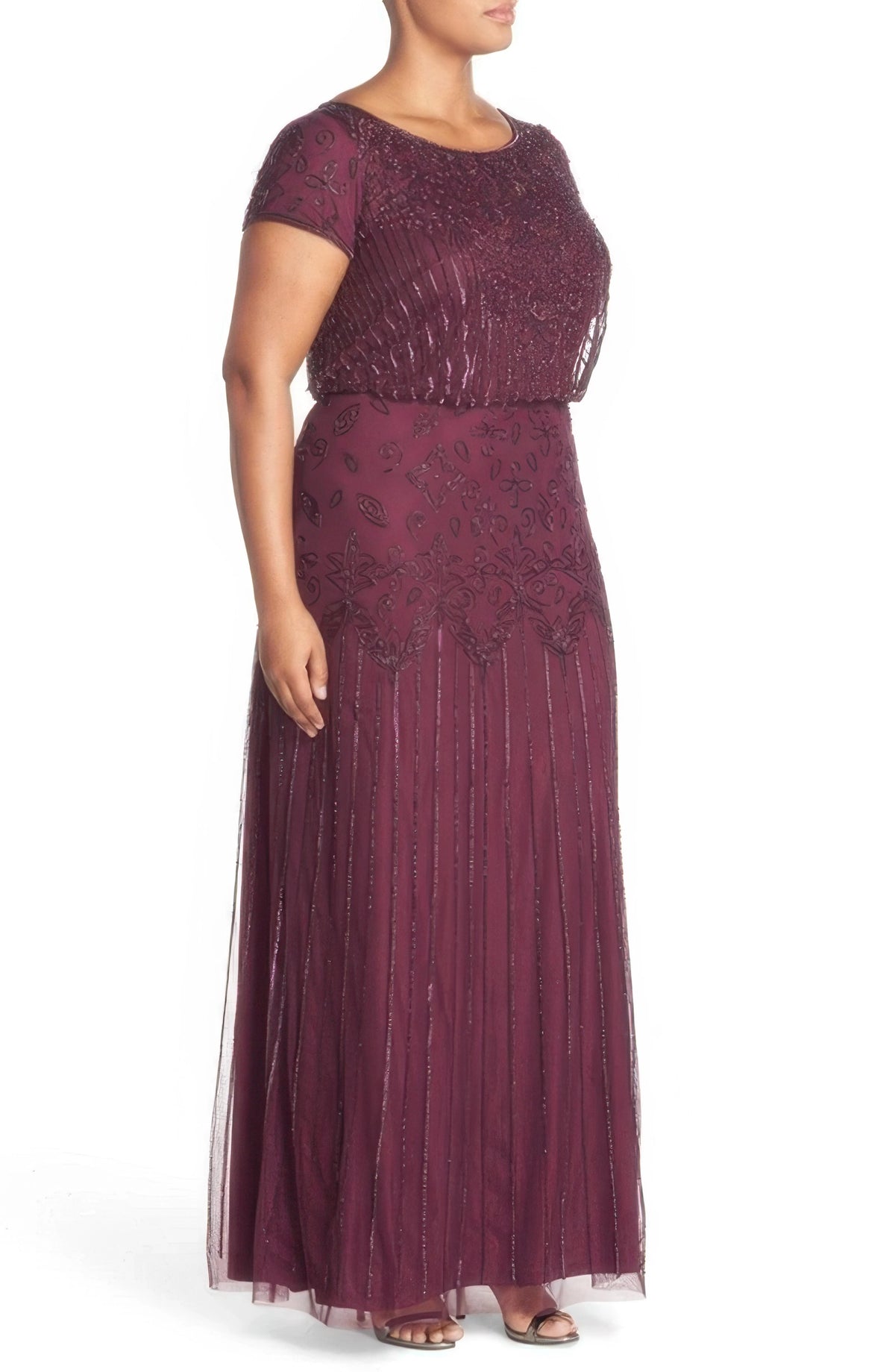 Adrianna Papell Plus Size Short Sleeve Beaded Gown  Cassis Size 18W