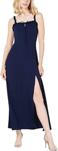 Teeze Me Juniors Ruffle Trim Crepe Side Slit Maxi Dress  Color Navy Size 9/10